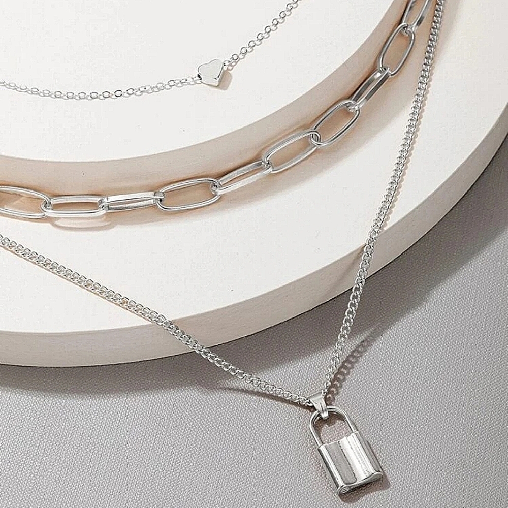 Layered Silver Lock Chain Necklace - Picture 2 of 4